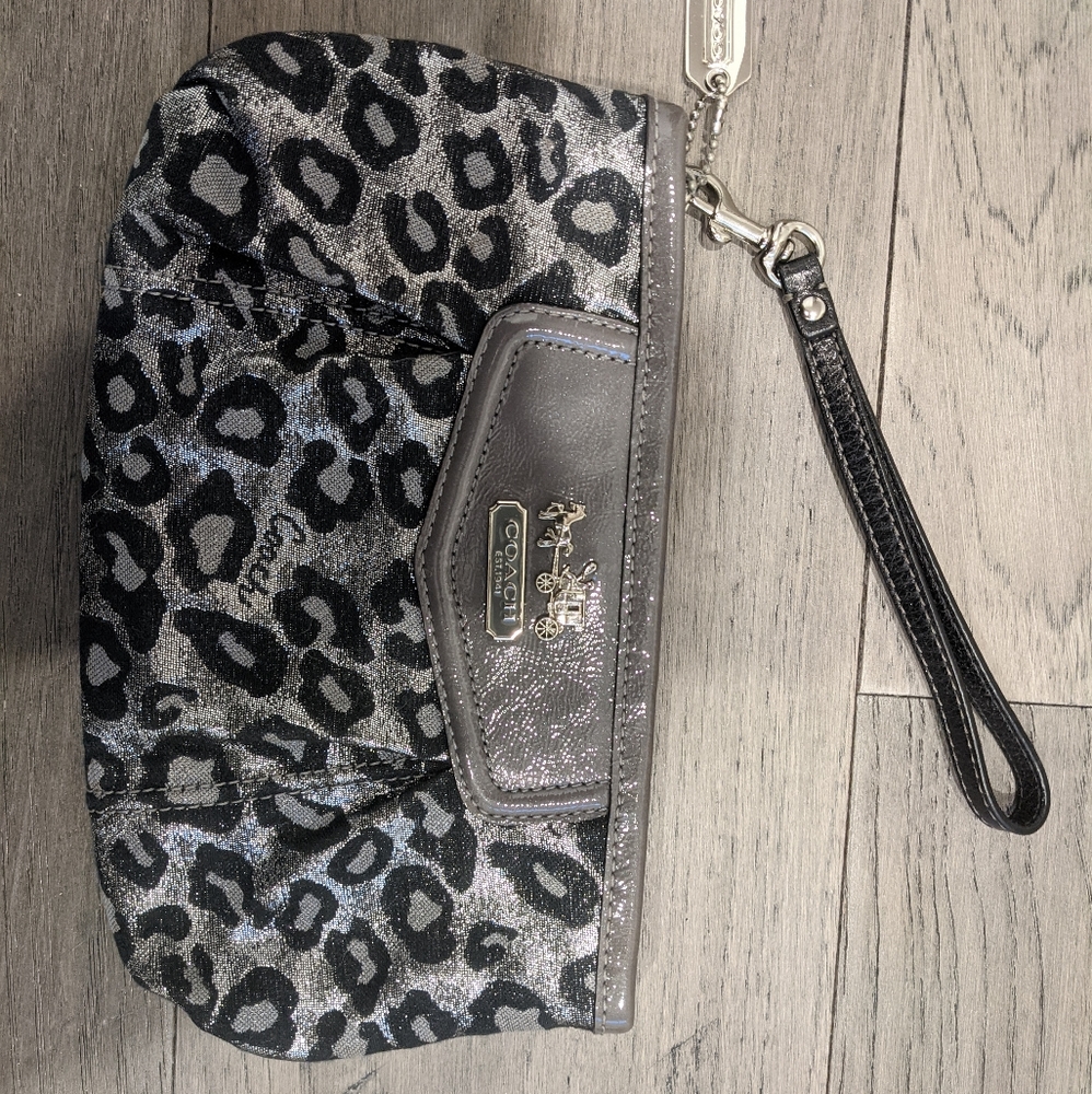 Large grey leopard print Coach wristlet